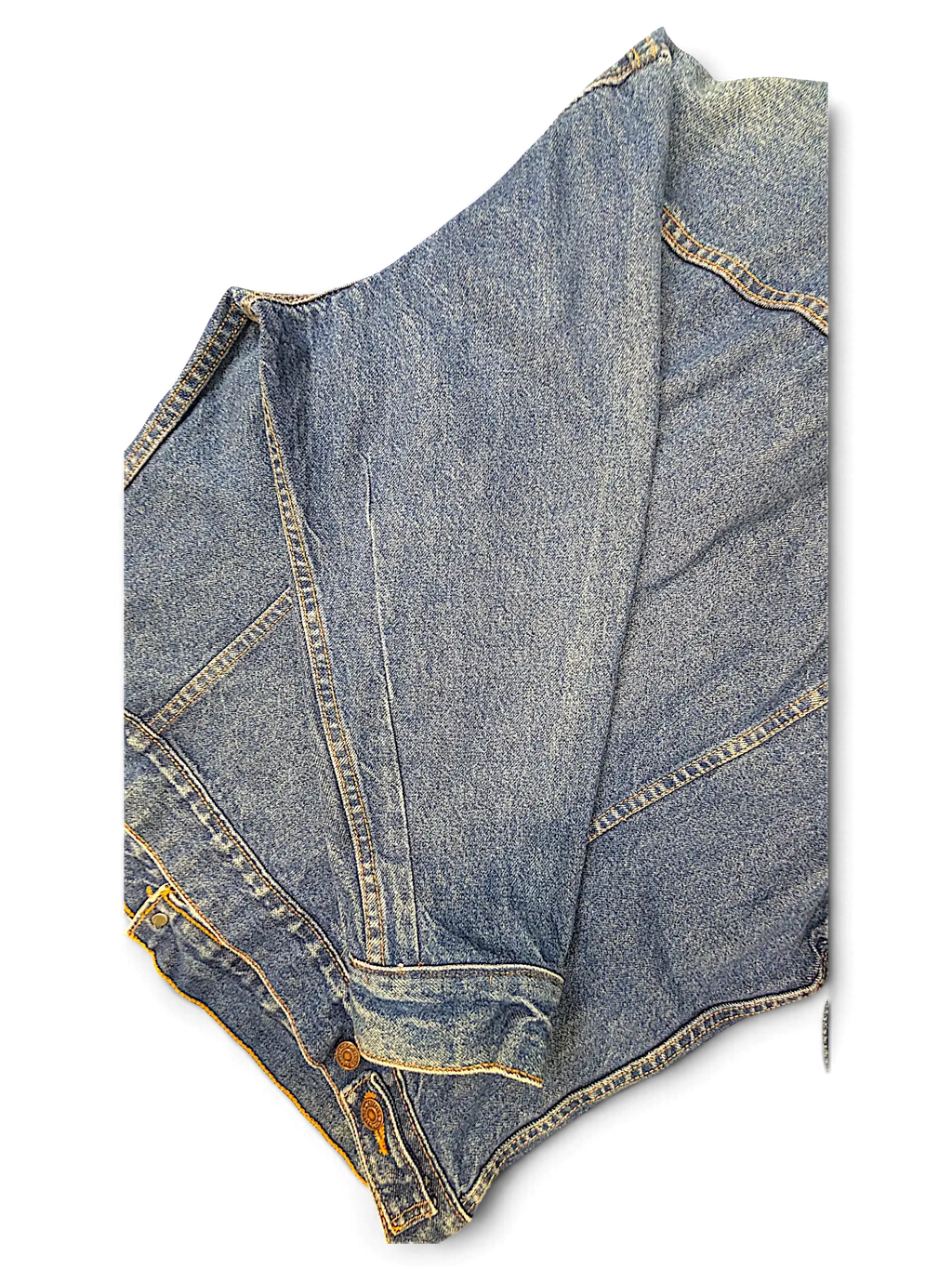 JAKE & IPI Levi's tagless blue denim jacket featuring classic stitching and buttoned cuffs