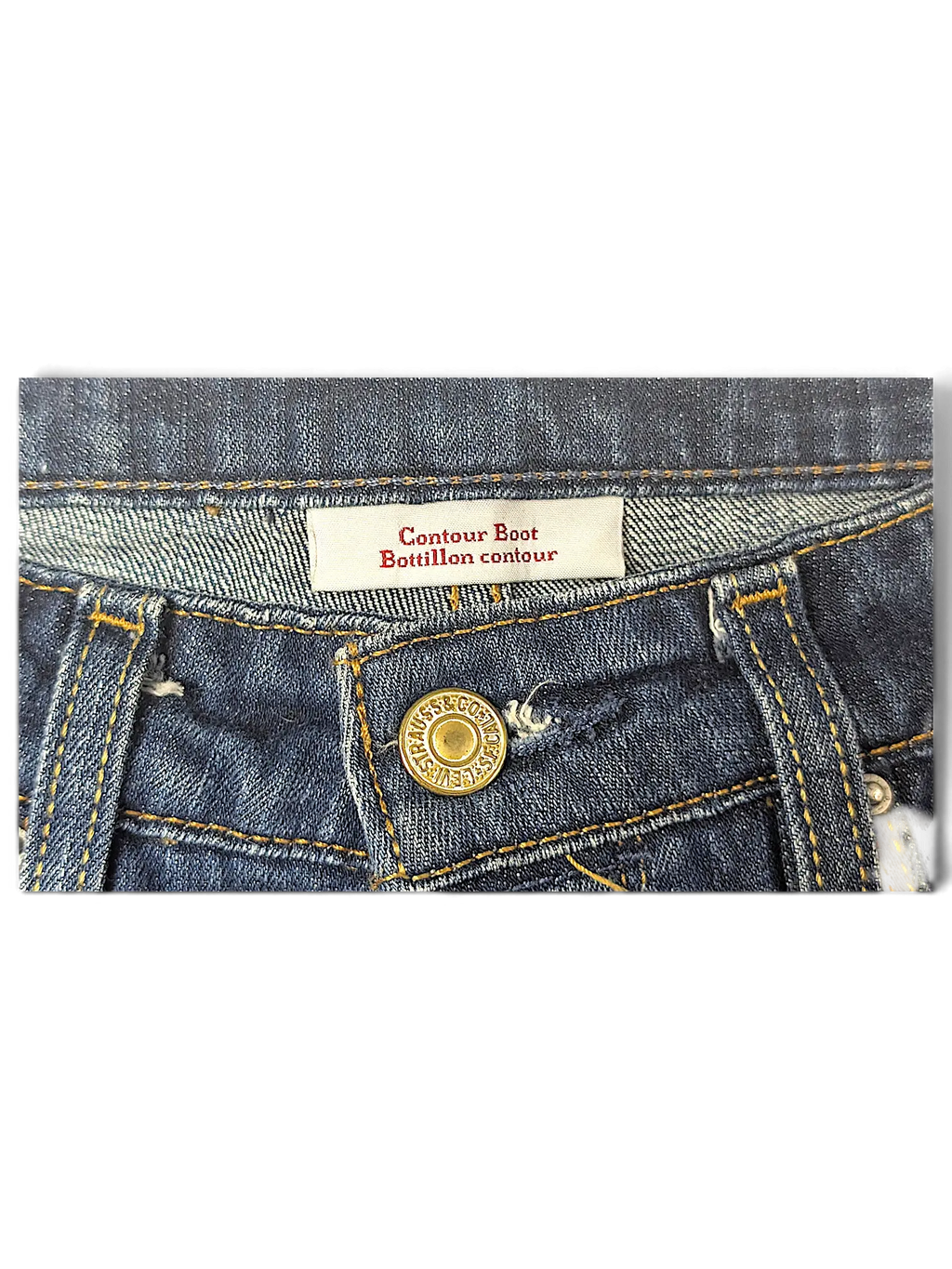 JAKE & IPI Levi's Contour Boot jeans featuring a branded metal button and interior waist label in dark blue denim.