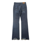 JAKE & IPI Levi's Contour bootcut jeans in dark blue denim with back pocket stitching and distressed frayed hems.