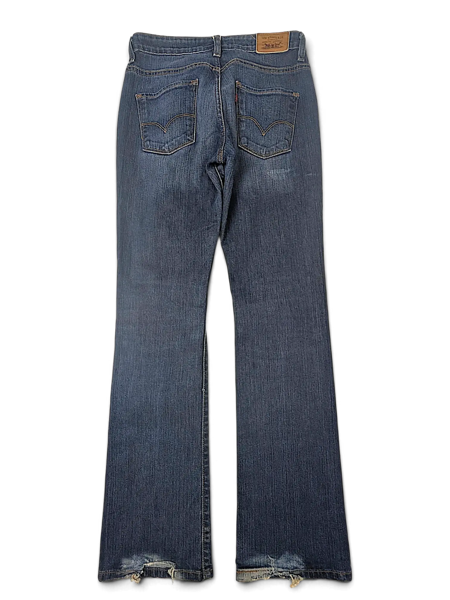 JAKE & IPI Levi's Contour bootcut jeans in dark blue denim with back pocket stitching and distressed frayed hems.