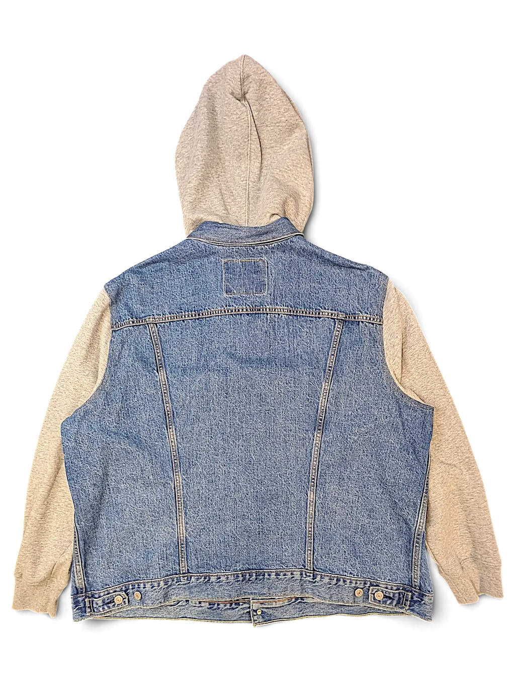 Back view of a JAKE & IPI Levi's denim jacket featuring grey jersey sleeves and a matching grey hooded sweatshirt