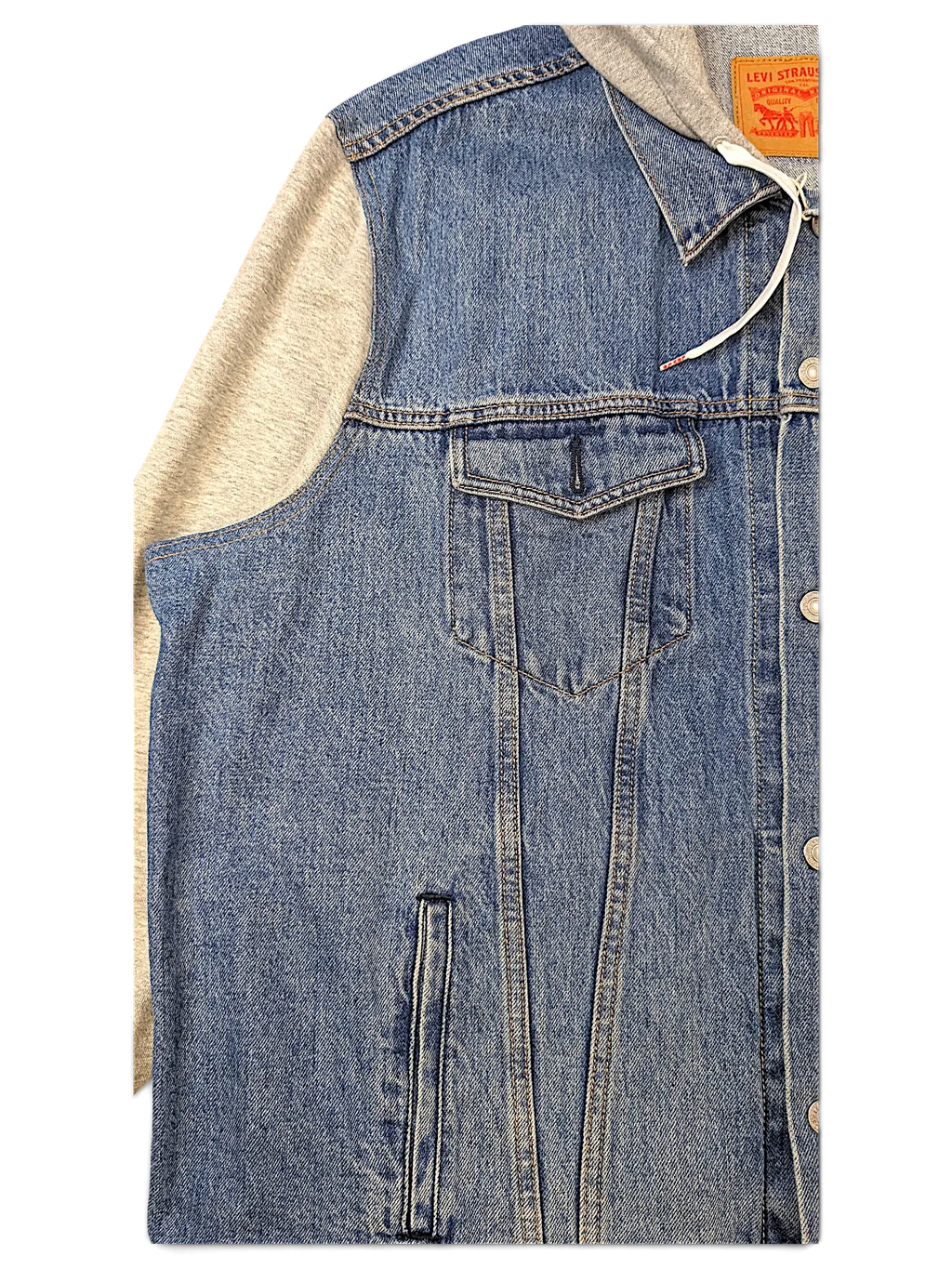 JAKE & IPI Levi's denim jacket with grey jersey hood and sleeves, featuring a button-up front and chest pocket.