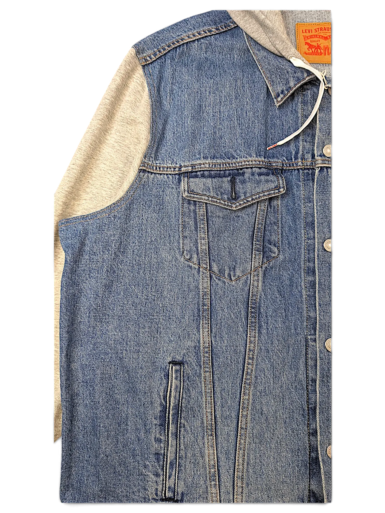 JAKE & IPI Levi's denim jacket with grey jersey hood and sleeves, featuring a button-up front and chest pocket.