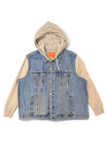 JAKE & IPI Levi's denim jacket with grey jersey hood and sleeves, featuring button-up front and chest pockets.