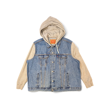JAKE & IPI Levi's-farkkutakki, harmaa trikoohuppu ja -hihat, nappikiinnitys ja rintataskut.