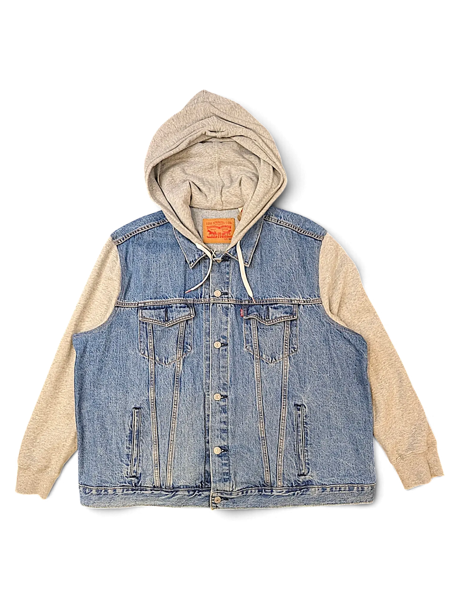 JAKE & IPI Levi's denim jacket with grey jersey hood and sleeves, featuring button-up front and chest pockets.