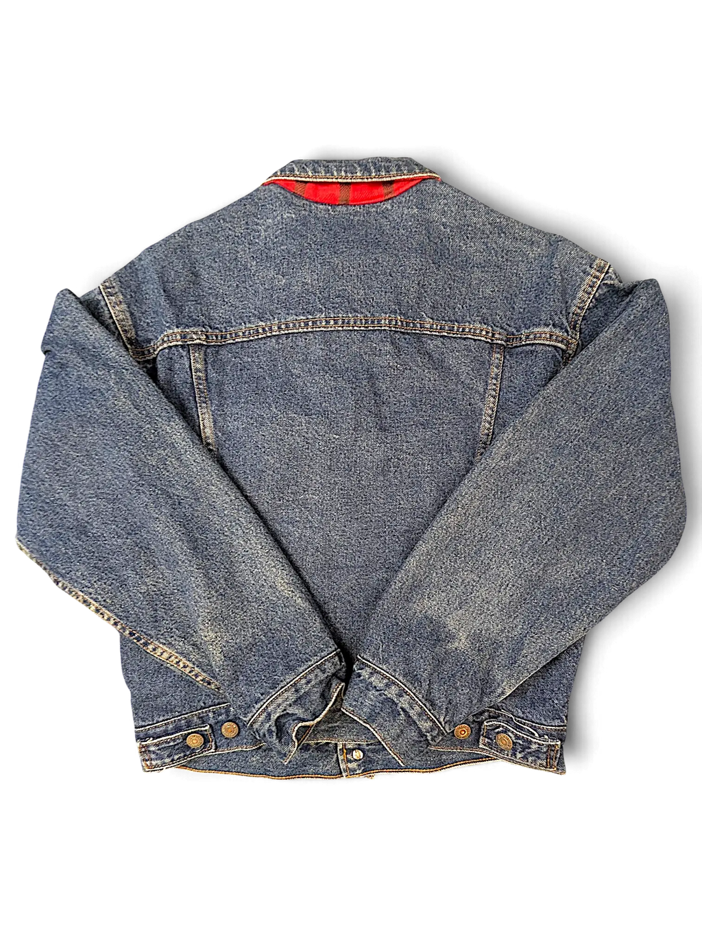 Back view of a blue denim Levi's jacket from JAKE & IPI featuring a red plaid quilted lining visible at the collar.