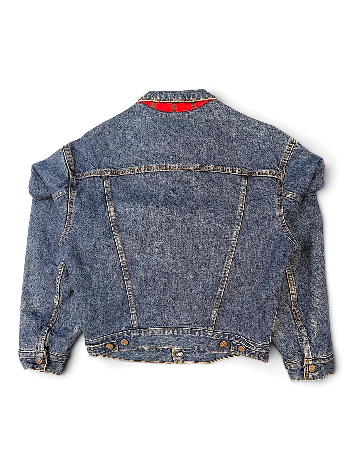 Back view of a blue denim JAKE & IPI Levi's quilt-lined jacket featuring a red plaid collar detail.