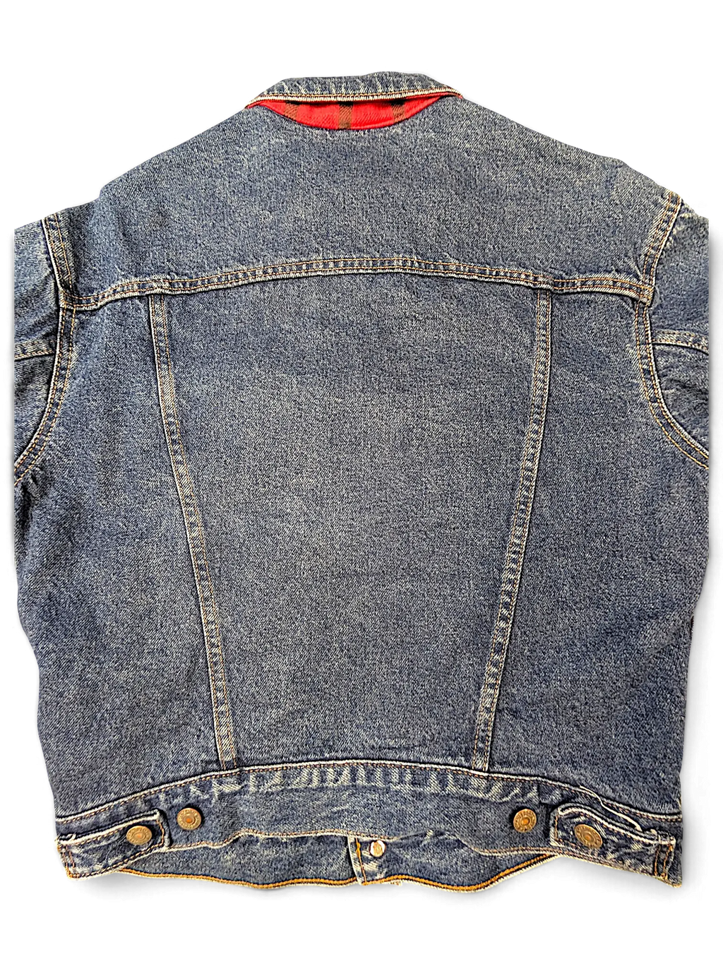 JAKE & IPI Levi's blue denim jacket with a red plaid quilted lining visible at the collar, back view.