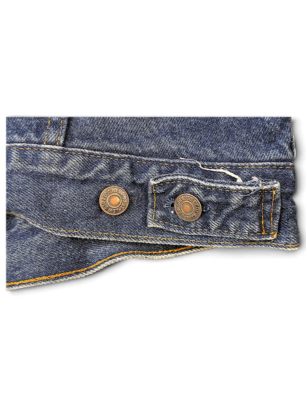 Close-up of JAKE & IPI Levi's denim jacket hem featuring copper-toned metal buttons and contrast stitching
