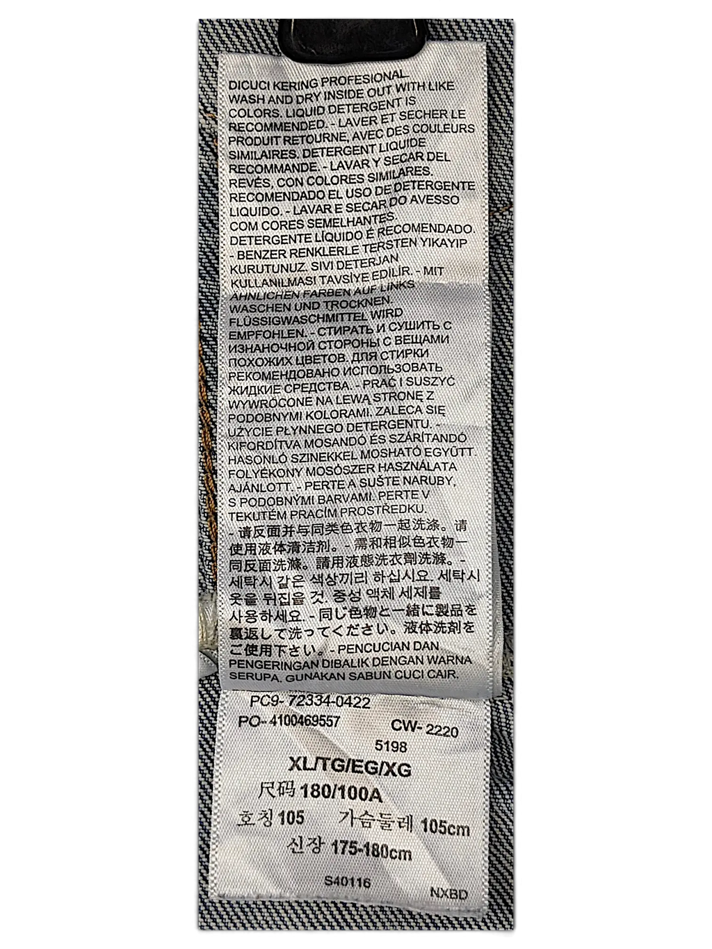 JAKE & IPI Levi's 5198 denim jacket interior care label with multilingual washing instructions and size XL
