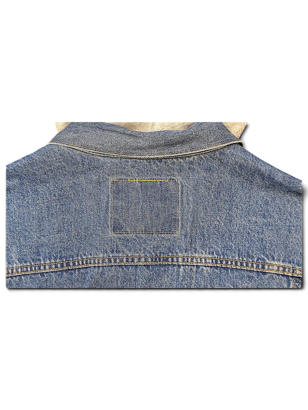 JAKE & IPI Levi's denim jacket back collar detail with signature stitching and blue cotton denim fabric