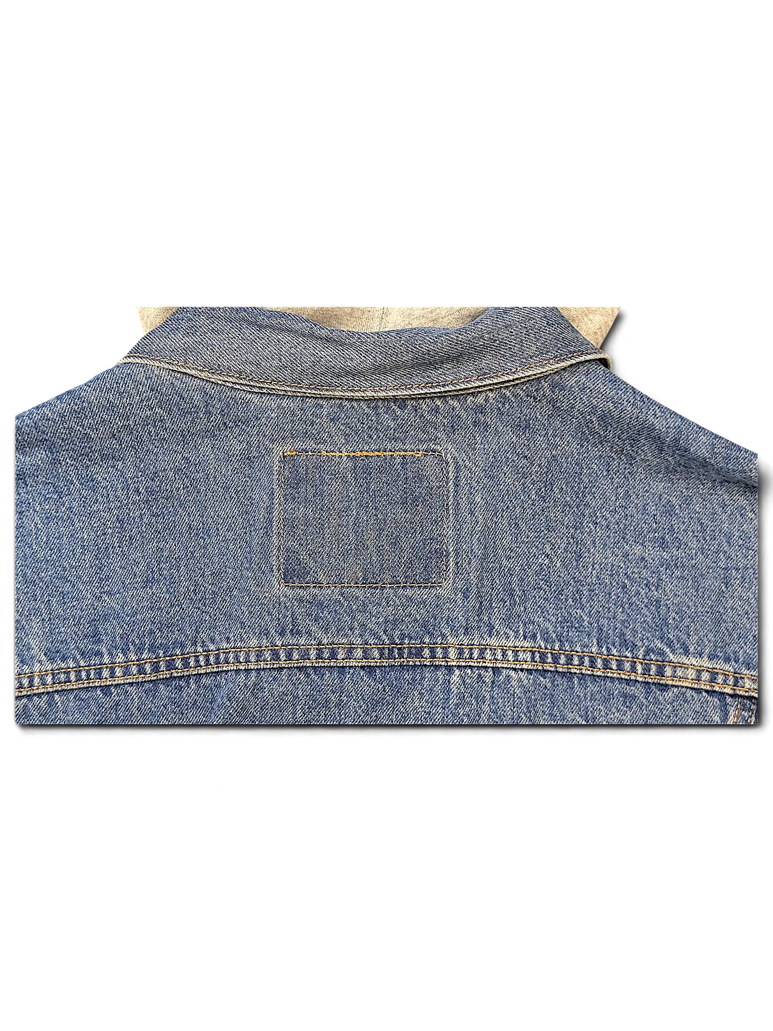 JAKE & IPI Levi's denim jacket back collar detail with signature stitching and blue cotton denim fabric