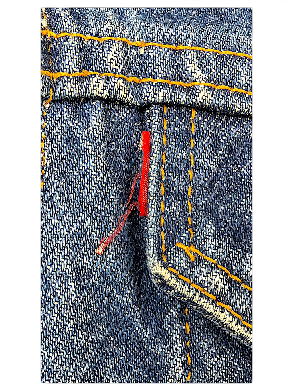 Close-up of a JAKE & IPI Levi's denim jacket showing blue fabric, orange contrast stitching, and a red tab detail.