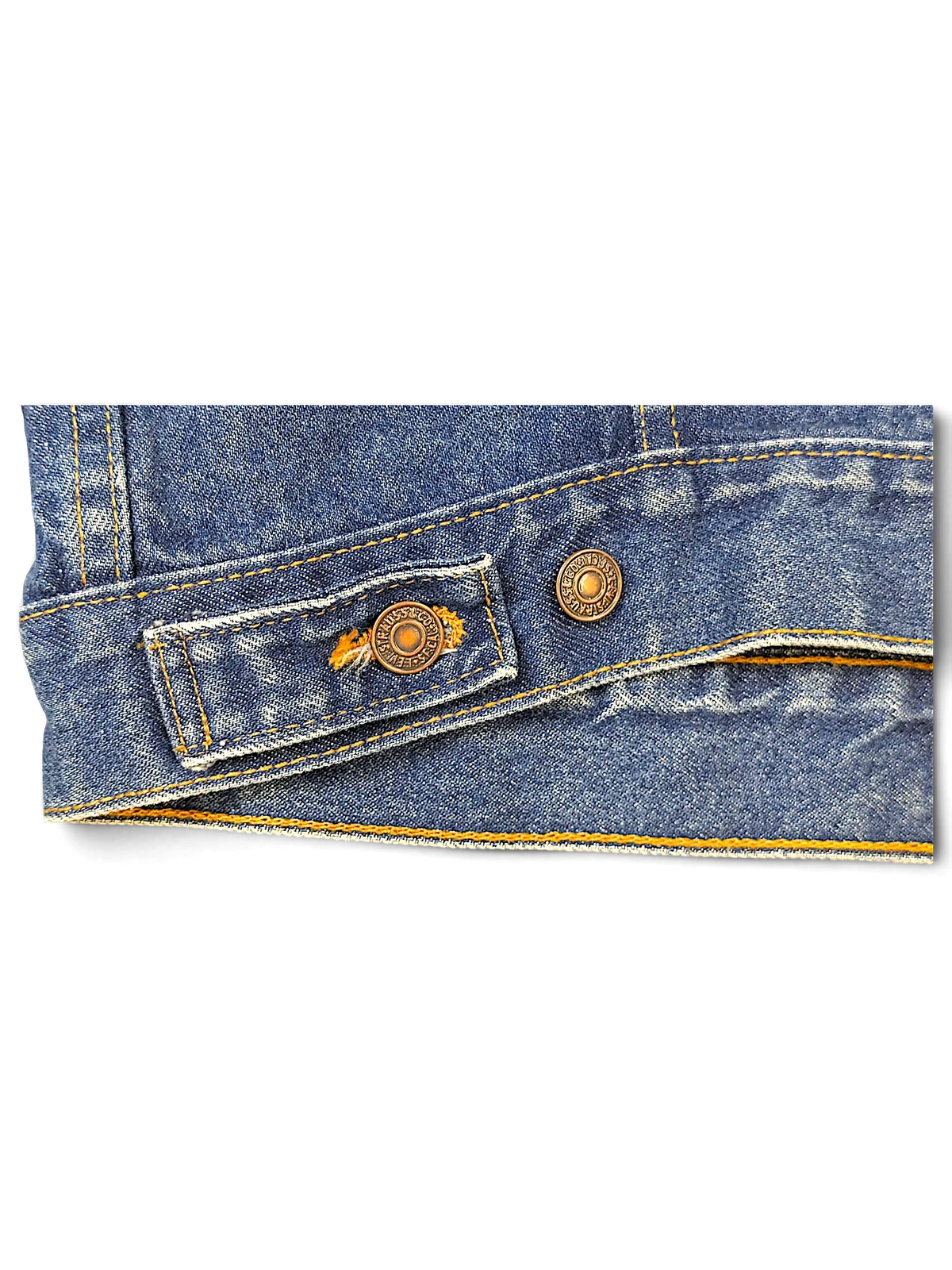 Close-up of the hem and copper-toned metal buttons on a blue denim jacket from JAKE & IPI