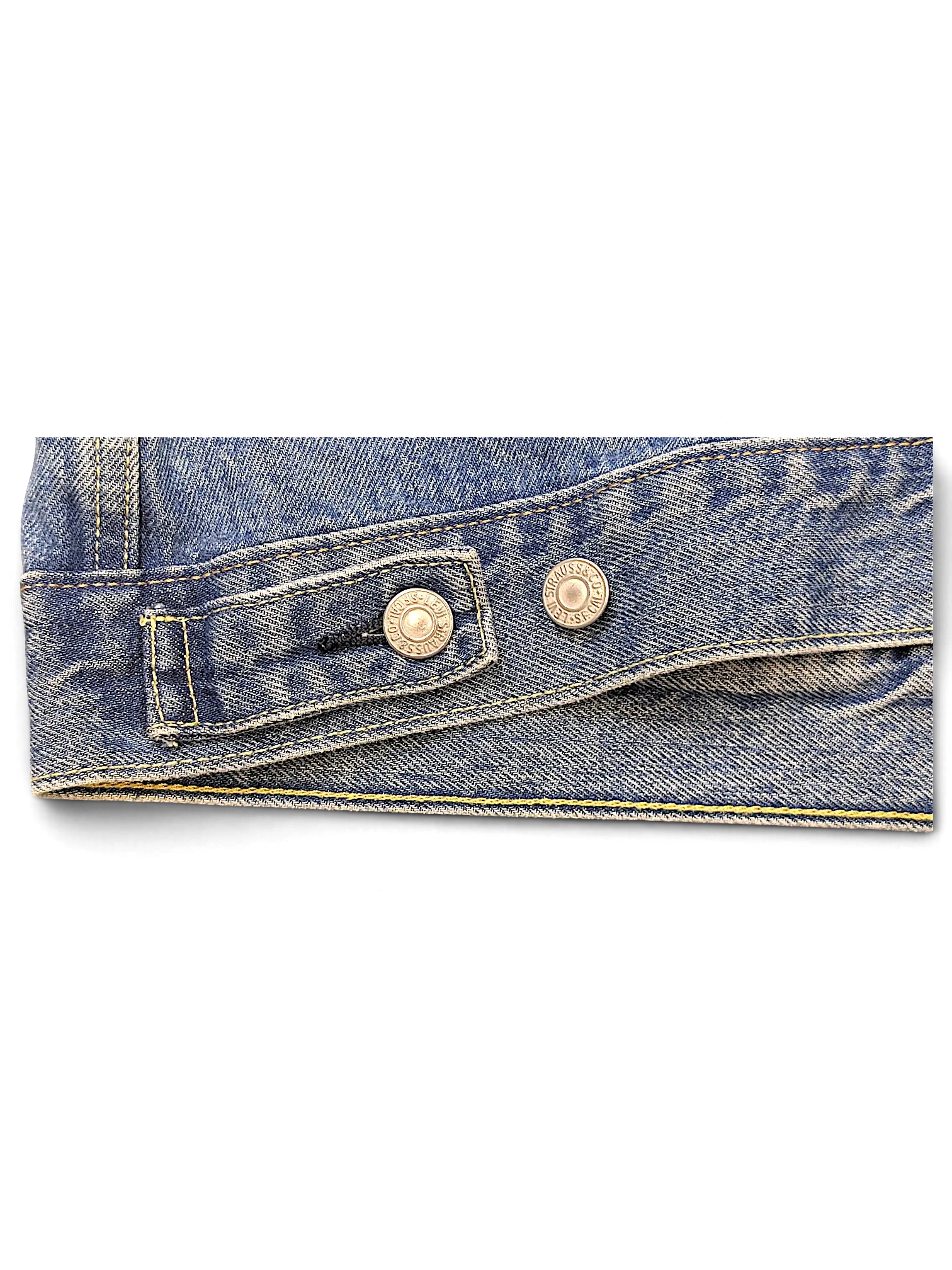 Close-up of the hem and metal button detail on a blue denim Levi's jacket from JAKE & IPI