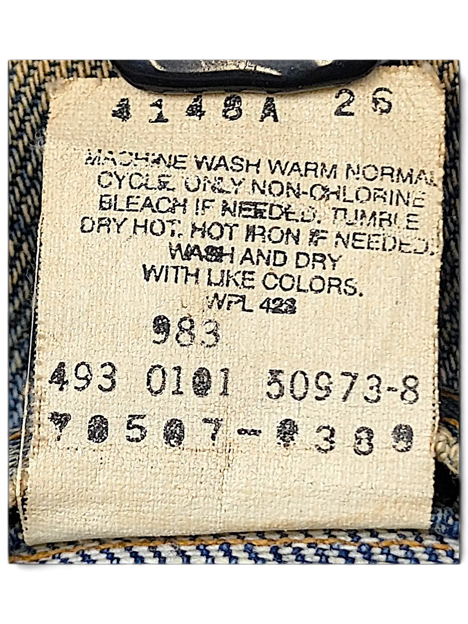 JAKE & IPI vintage Levi's Strauss distressed denim jacket care label with washing instructions