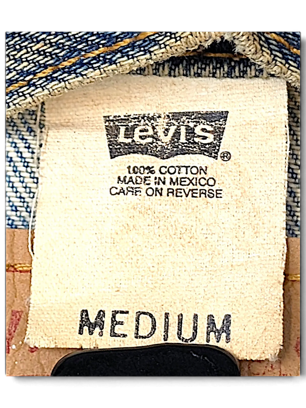 JAKE & IPI Levi's distressed denim jacket medium size tag with 100 percent cotton label