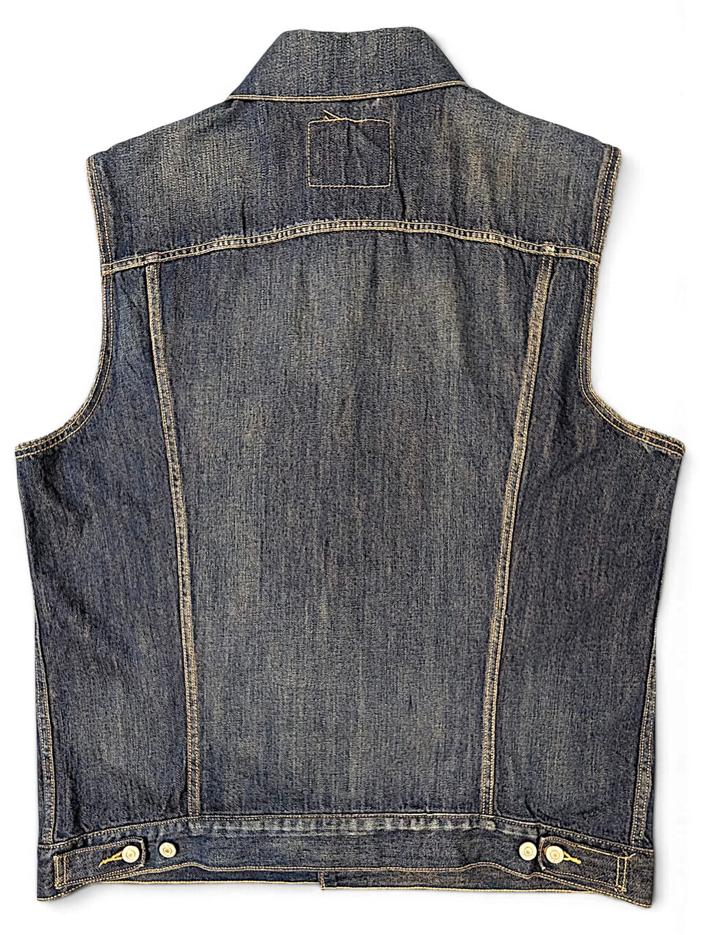Back view of a vintage blue denim vest by JAKE & IPI with classic stitching and adjustable waist buttons.