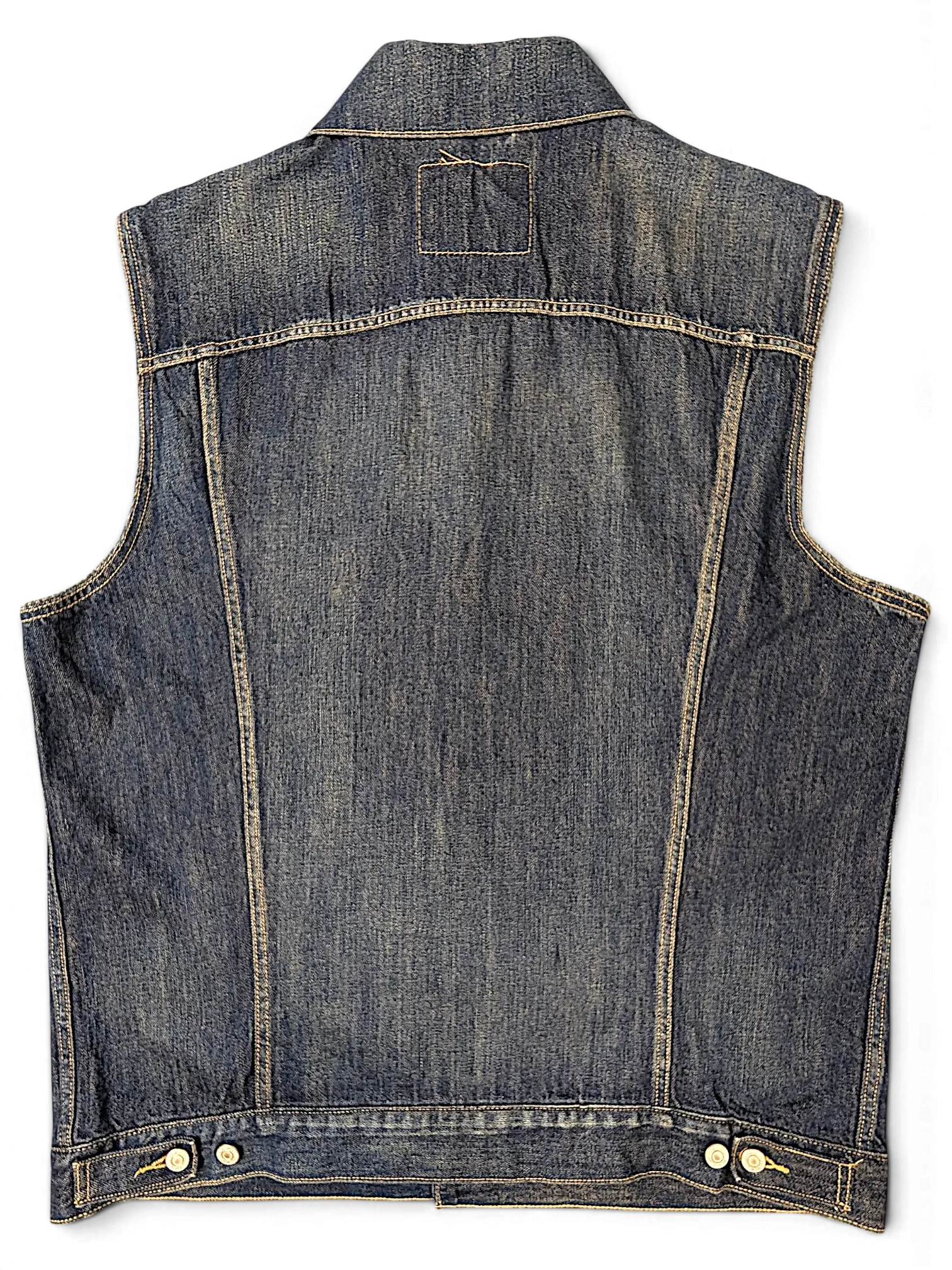 Back view of a vintage blue denim vest by JAKE & IPI with classic stitching and adjustable waist buttons.