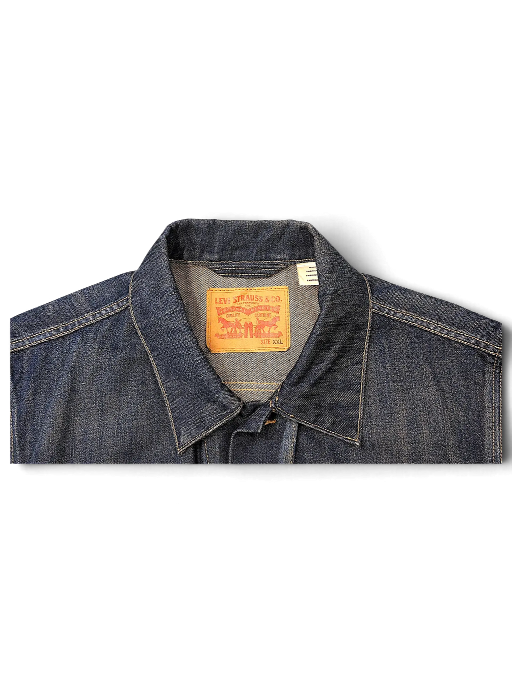 JAKE & IPI Levi's denim vest featuring a classic blue wash, pointed collar, and iconic leather brand patch.