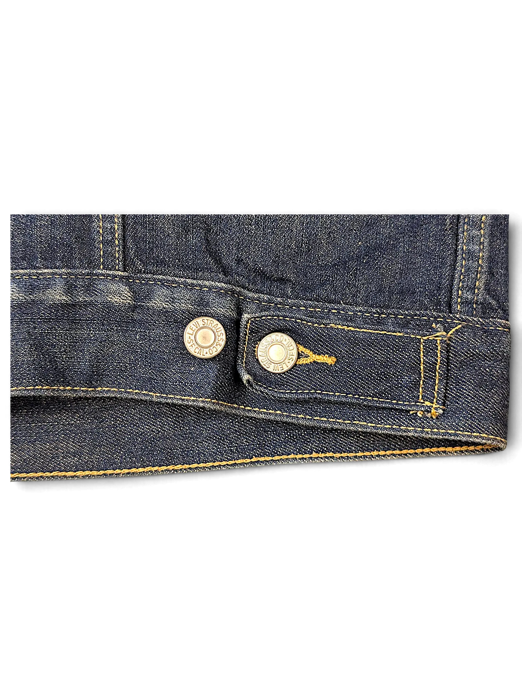 JAKE & IPI Levi's dark blue denim vest featuring metallic branded buttons and contrast stitching at the hem.