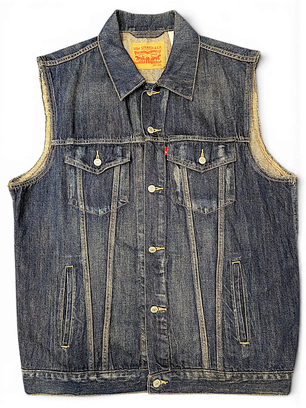 JAKE & IPI Levi's denim vest in dark blue wash with button-up front, chest pockets, and classic collar.