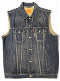 JAKE & IPI Levi's denim vest in dark blue wash with button-up front, chest pockets, and classic collar.