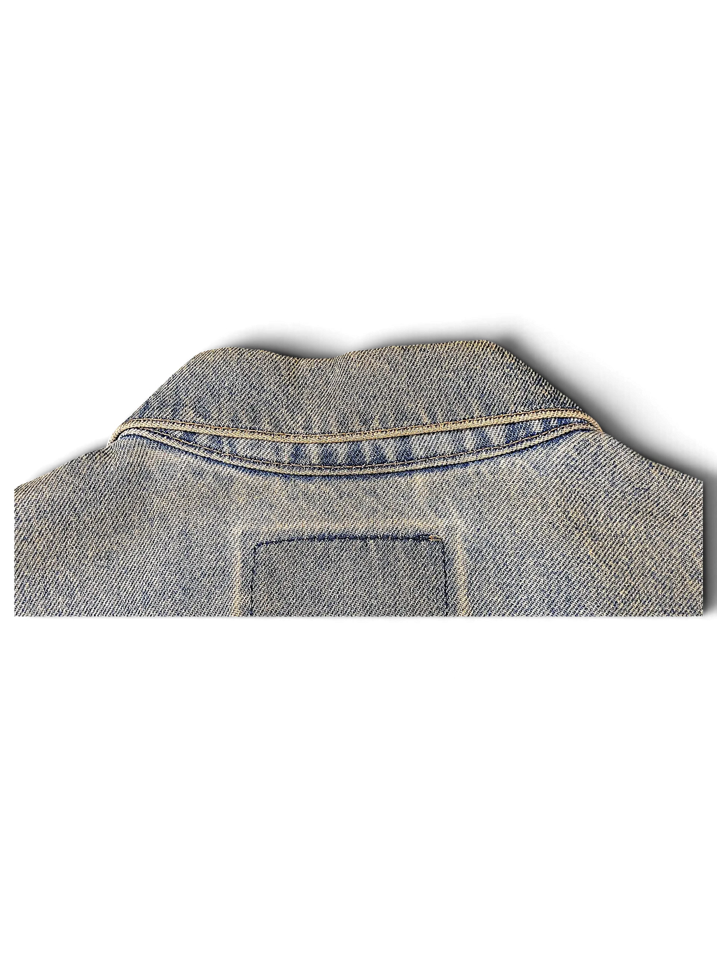 JAKE & IPI Levi's Strauss distressed blue denim jacket collar detail with vintage wash and reinforced stitching