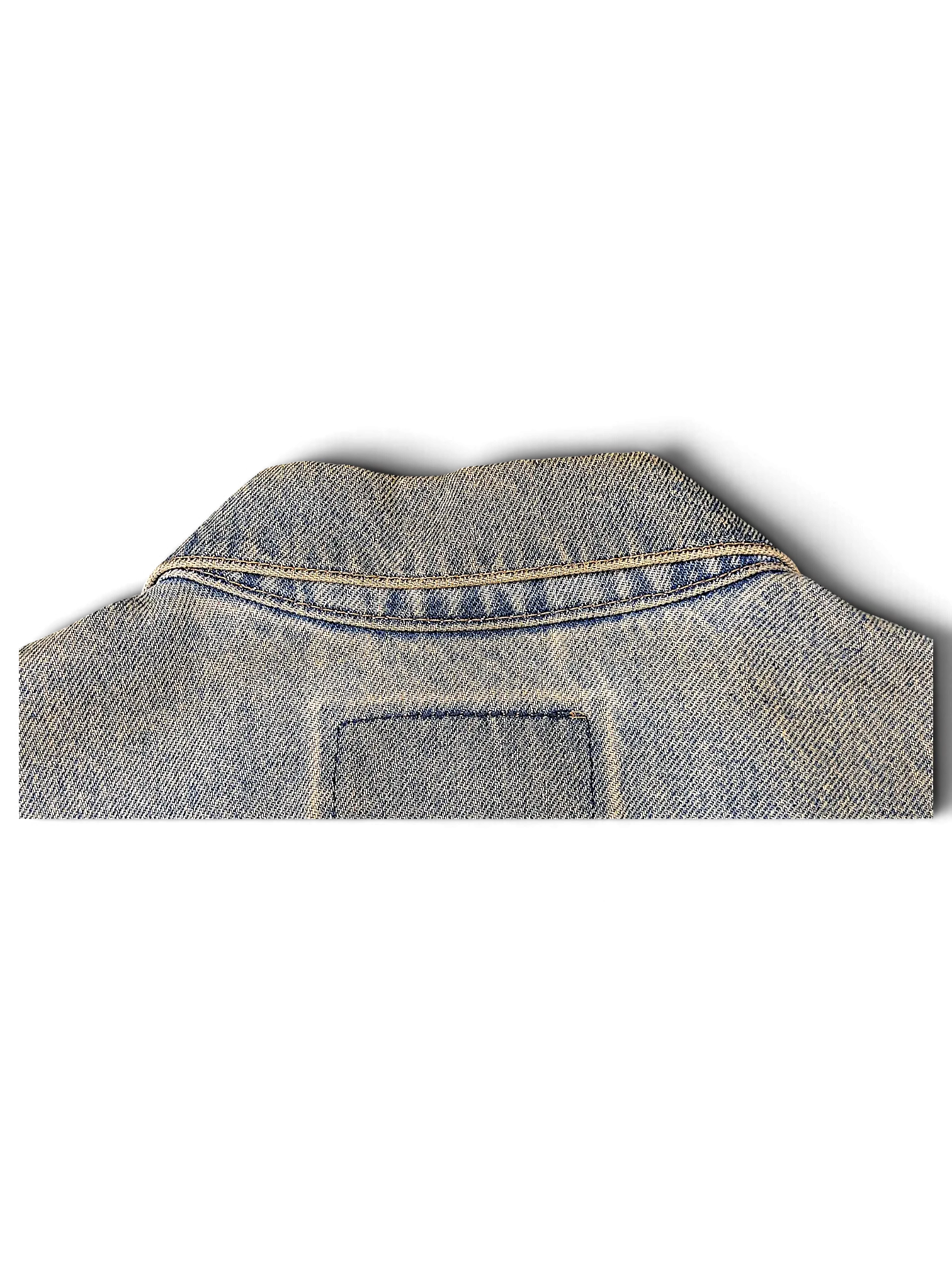 JAKE & IPI Levi's Strauss distressed blue denim jacket collar detail with vintage wash and reinforced stitching
