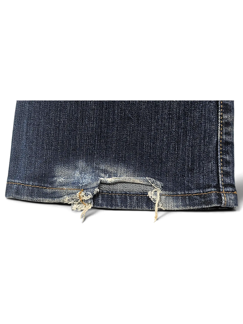 JAKE & IPI Levi's Contour Boot Jeans featuring a dark blue denim wash with distressed frayed hem detail