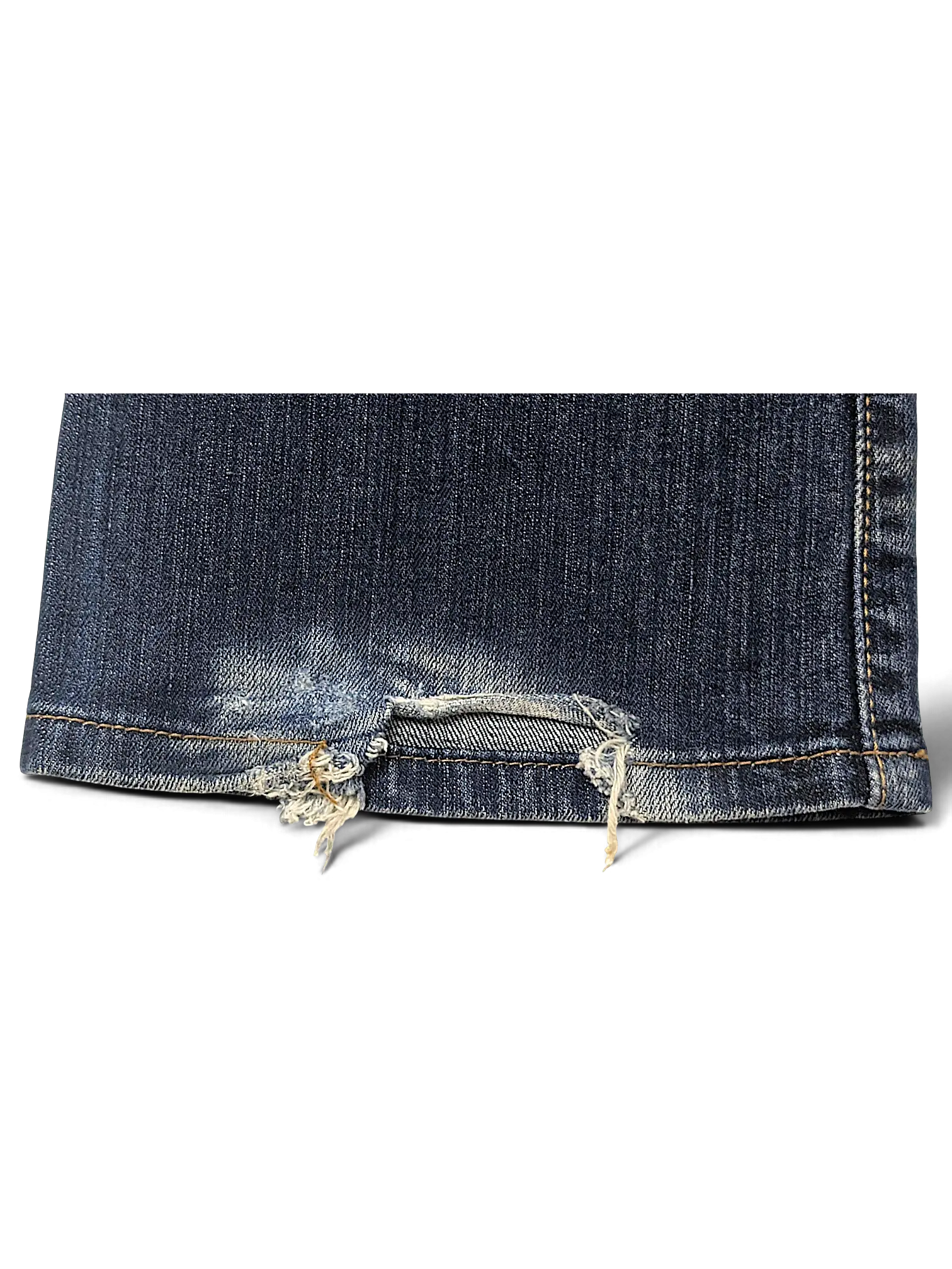 JAKE & IPI Levi's Contour Boot Jeans featuring a dark blue denim wash with distressed frayed hem detail