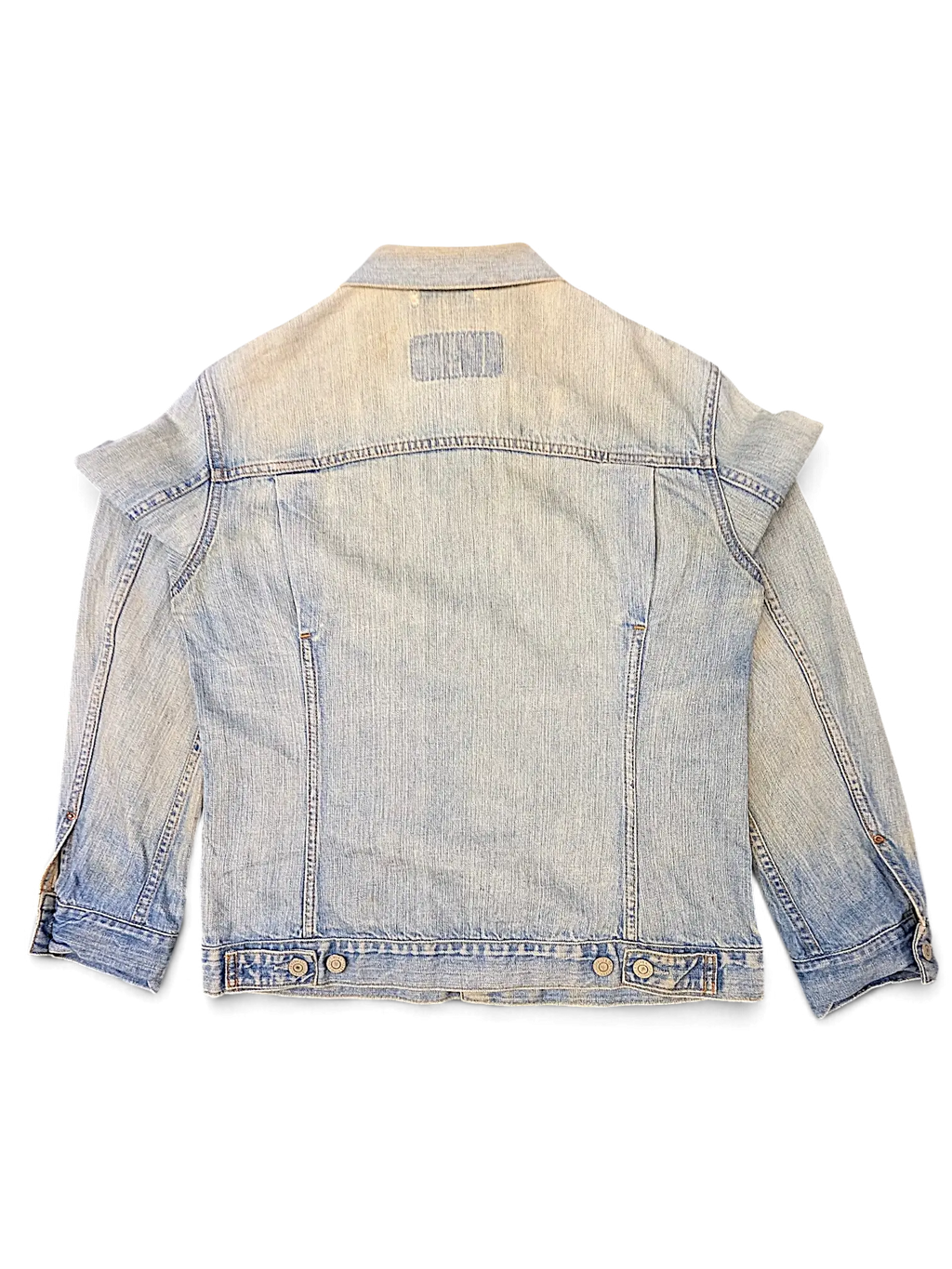 Back view of a JAKE & IPI Levi's light wash distressed denim jacket with classic button cuffs and collar.