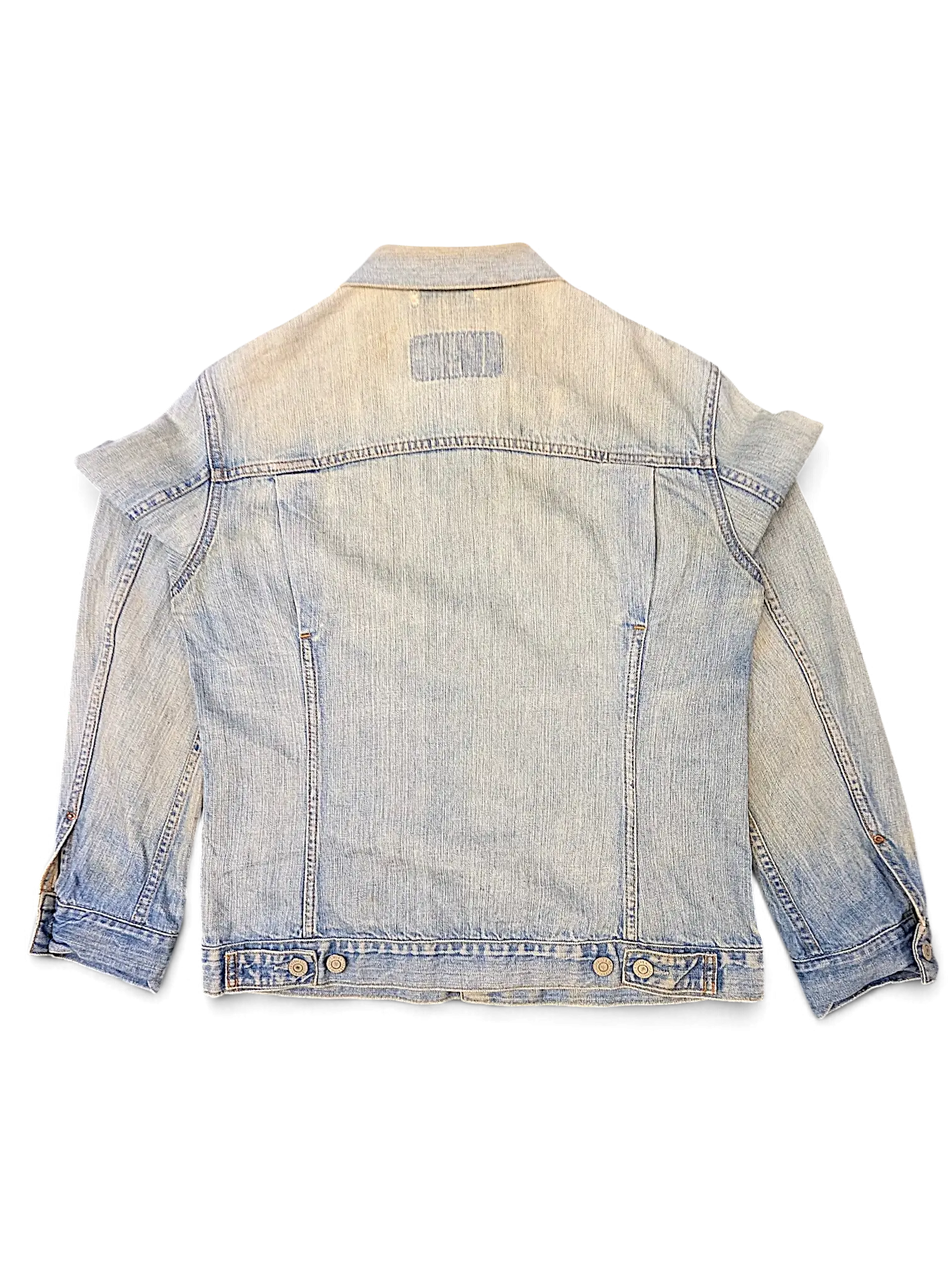 Back view of a JAKE & IPI Levi's light wash distressed denim jacket with classic button cuffs and collar.