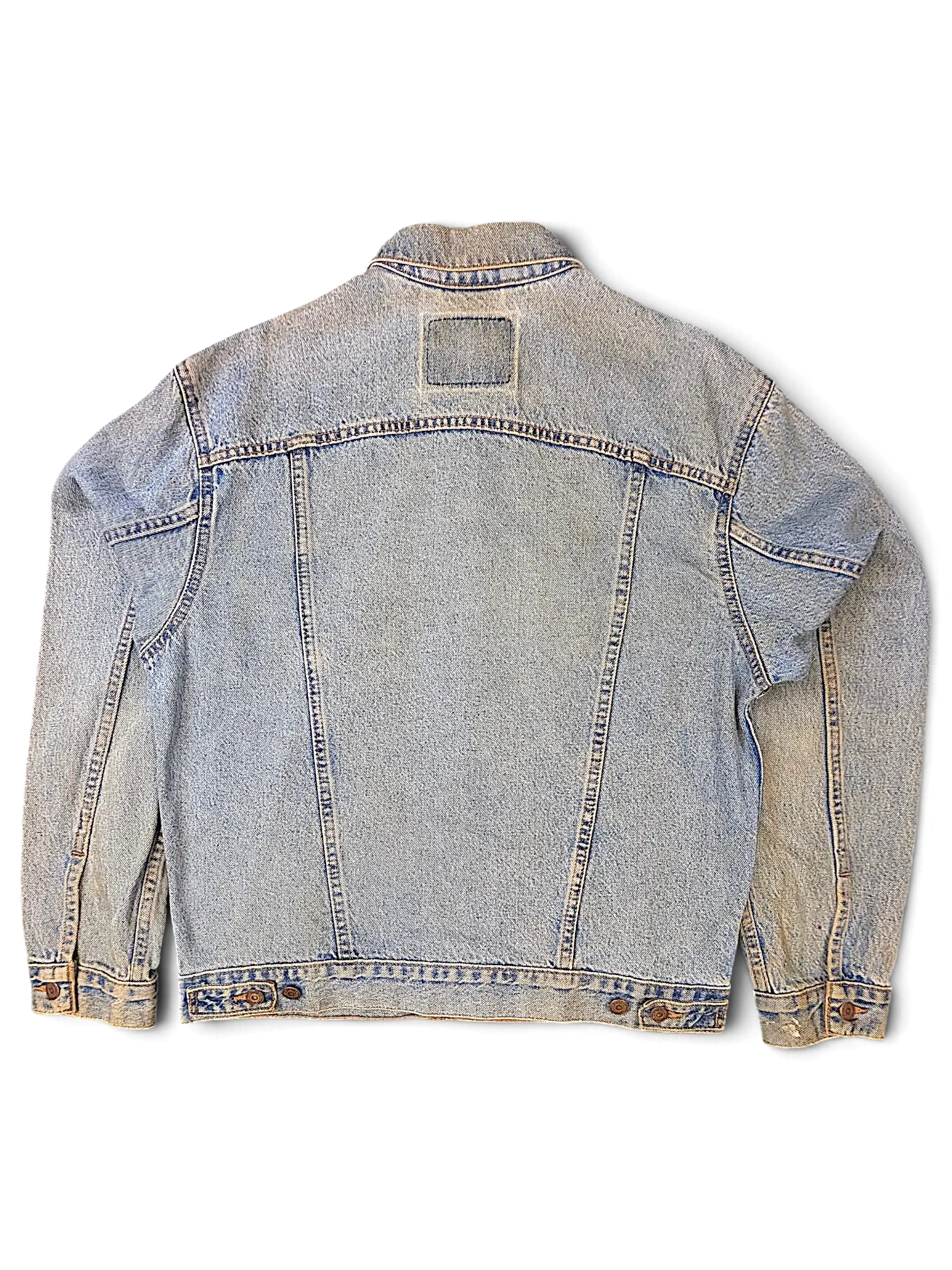 Back view of a JAKE & IPI Levi's Strauss light wash distressed denim jacket with vintage aesthetic