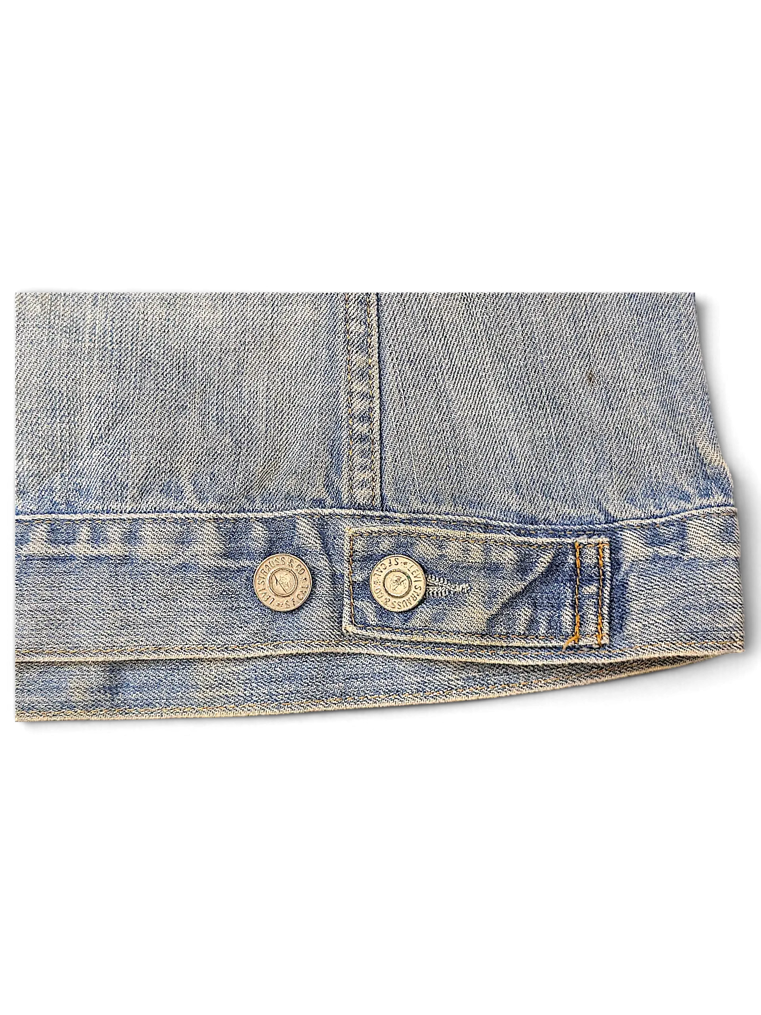 Close-up of JAKE & IPI Levi's distressed light wash denim jacket hem with branded metal buttons