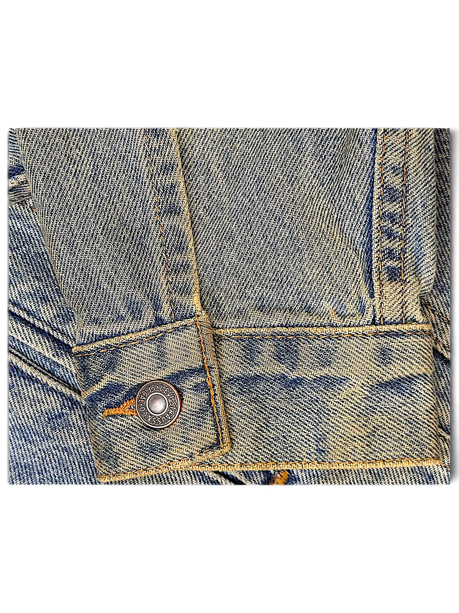 JAKE & IPI Levi's Strauss distressed light blue denim jacket sleeve with metal button detail
