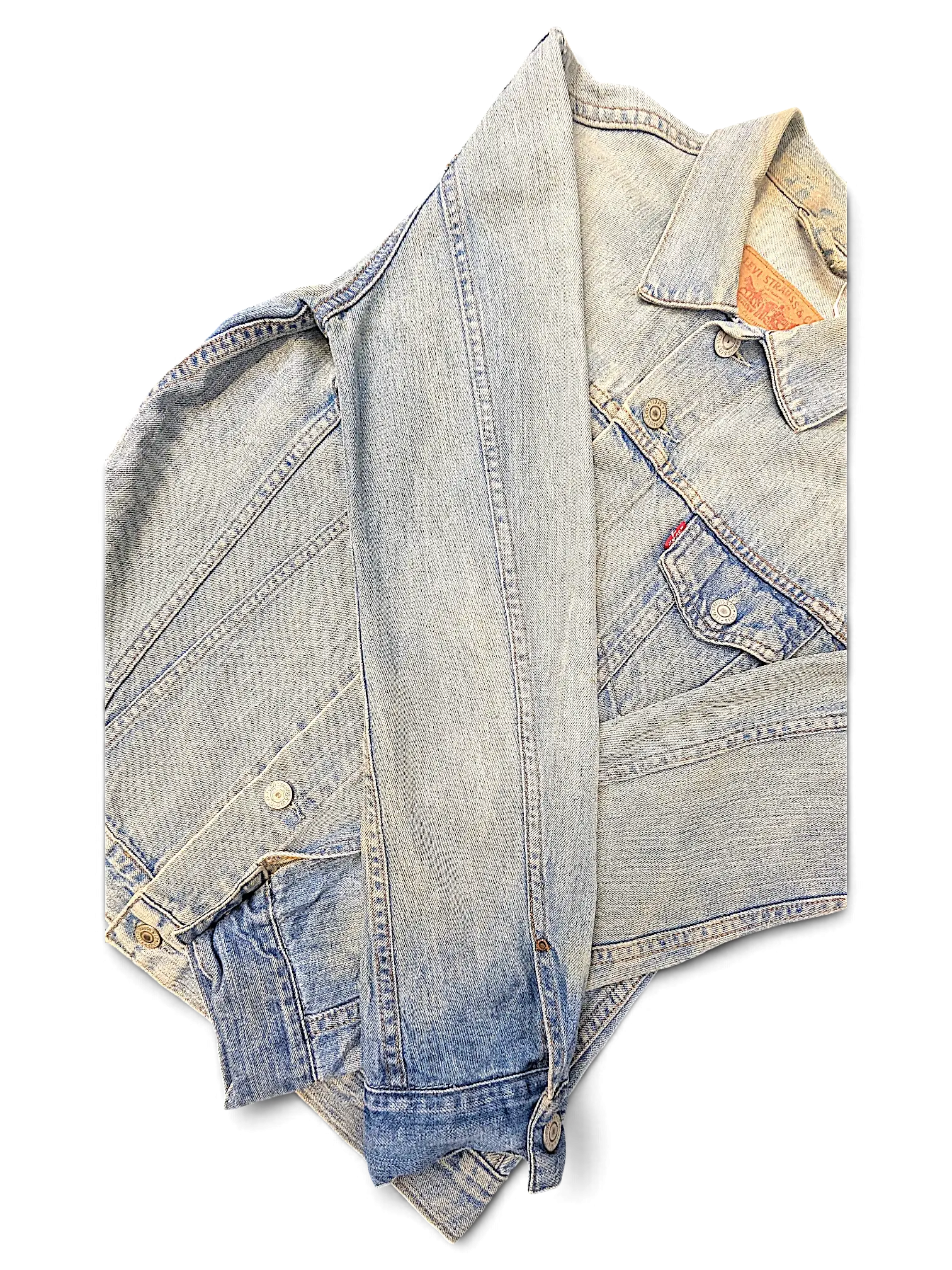 JAKE & IPI Levi's distressed light wash denim jacket with classic button-up front and chest pockets
