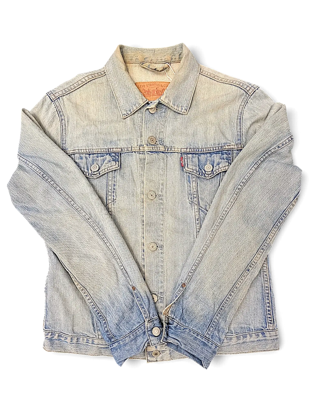 JAKE & IPI Levi's distressed light wash denim jacket with button-up front and classic collar