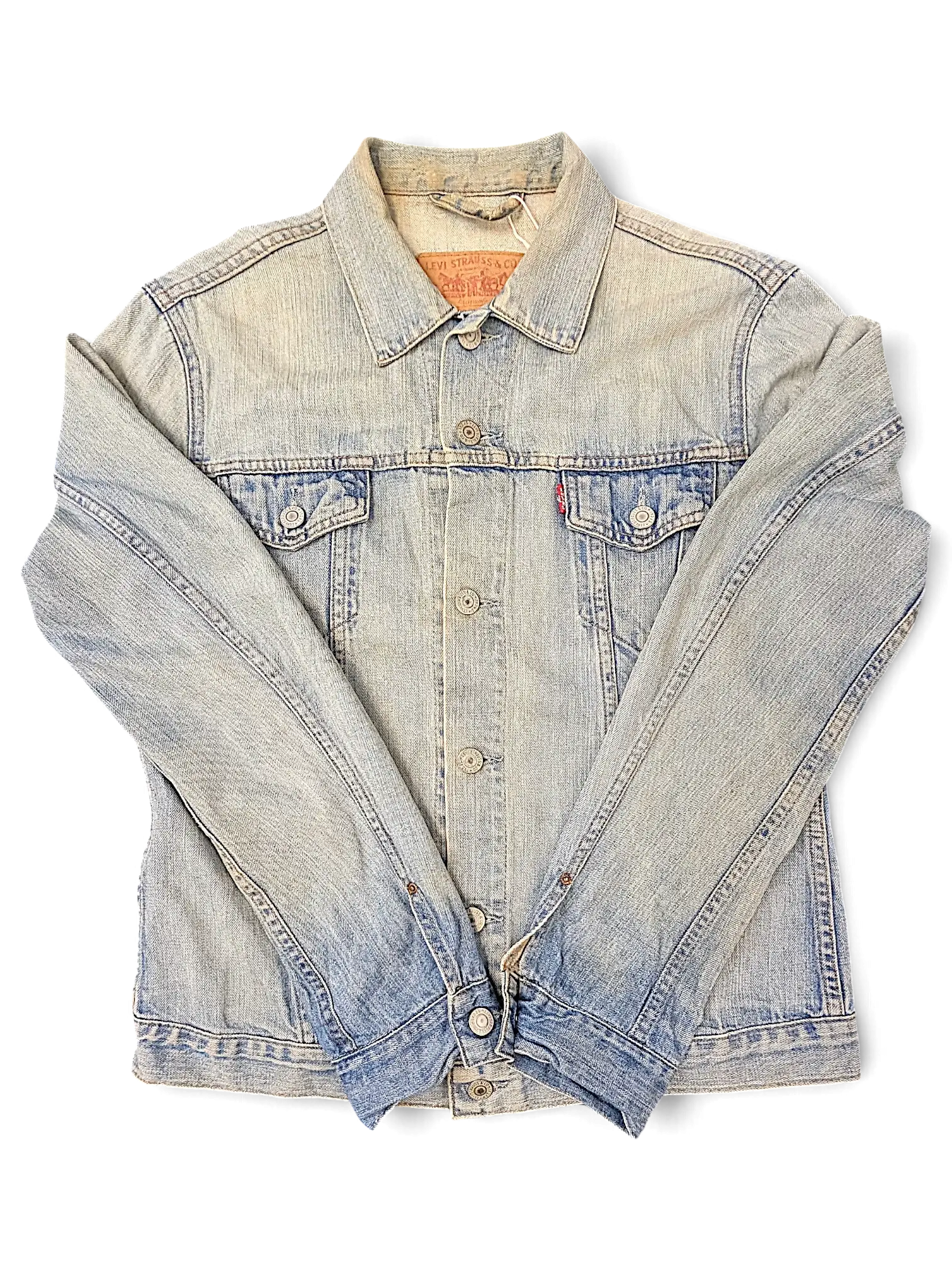 JAKE & IPI Levi's distressed light wash denim jacket with button-up front and classic collar
