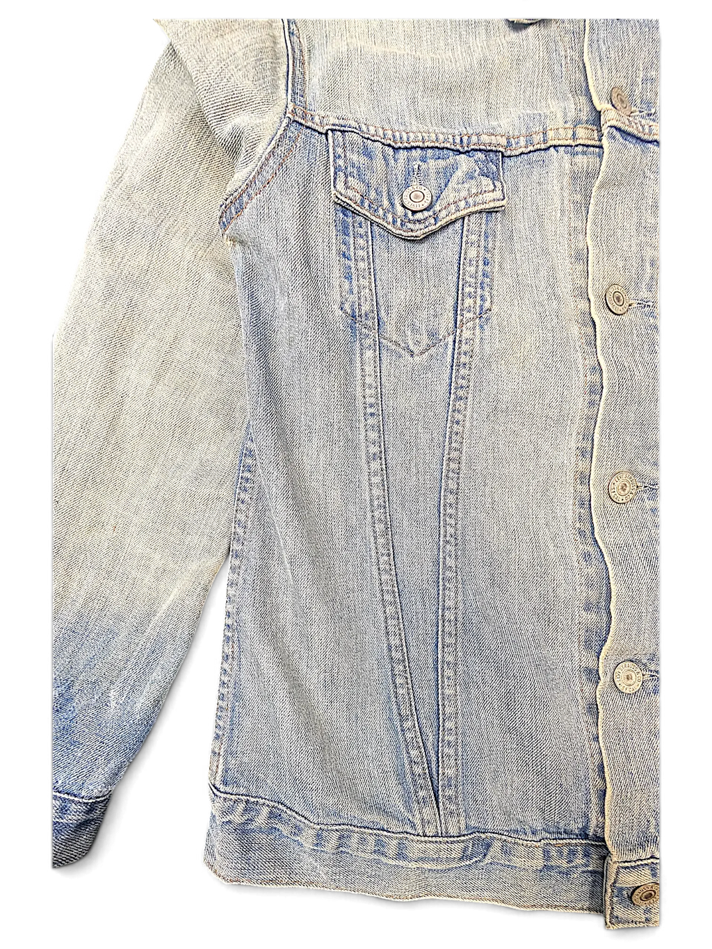 JAKE & IPI Levi's distressed light wash denim jacket with button-up front and chest pocket detail