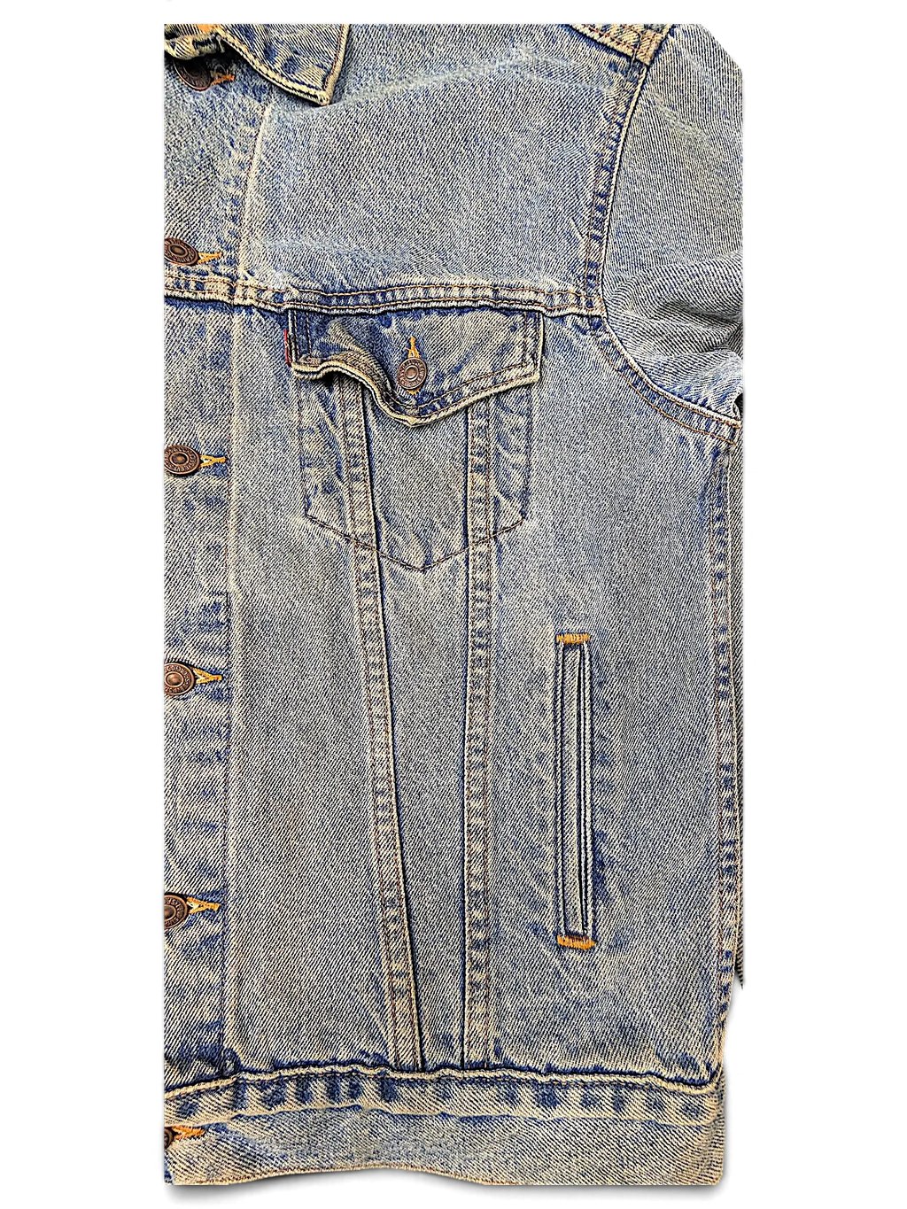 JAKE & IPI Levi's Strauss light blue distressed denim jacket with metal button closure and chest pocket