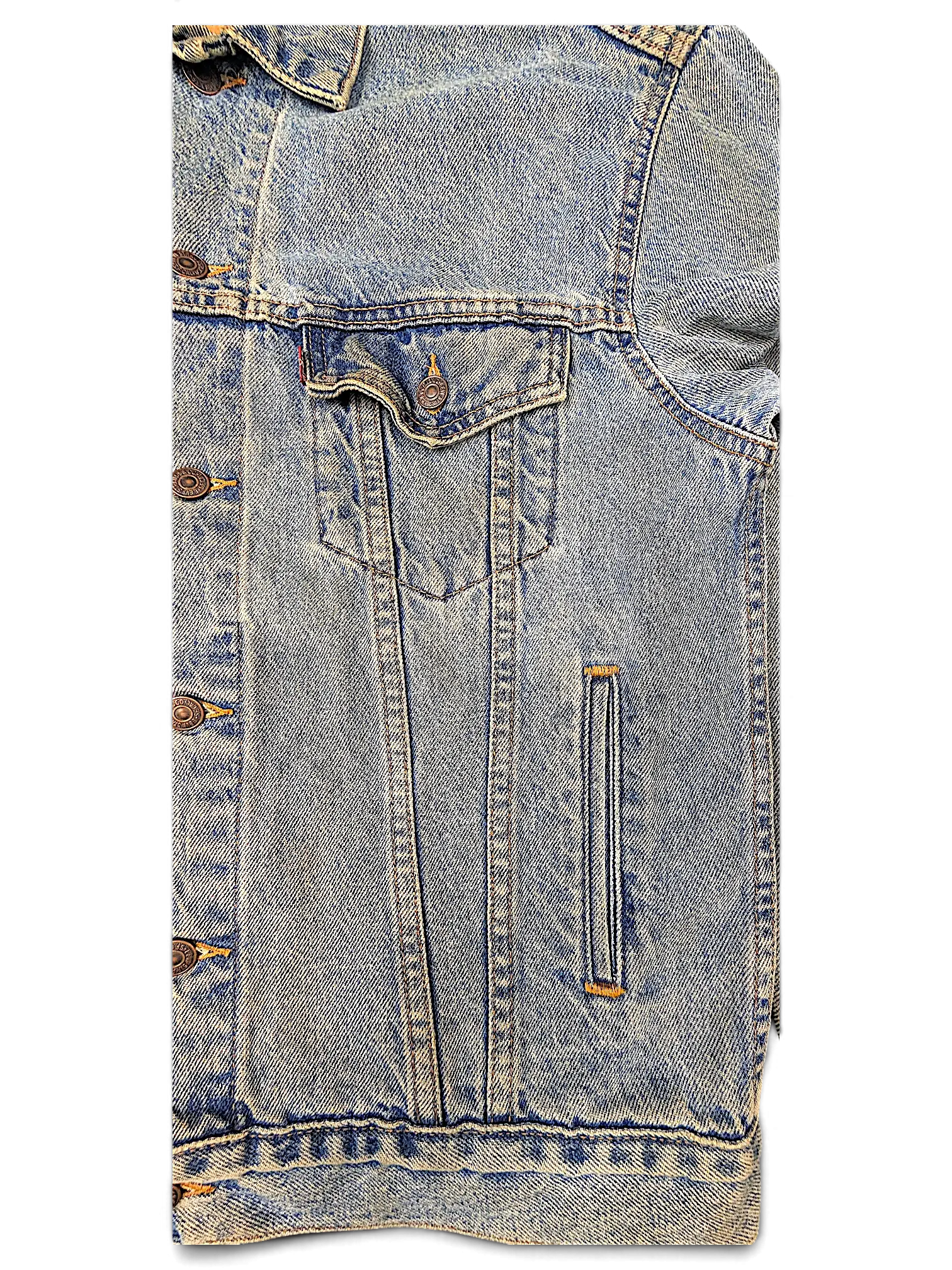 JAKE & IPI Levi's Strauss light blue distressed denim jacket with metal button closure and chest pocket