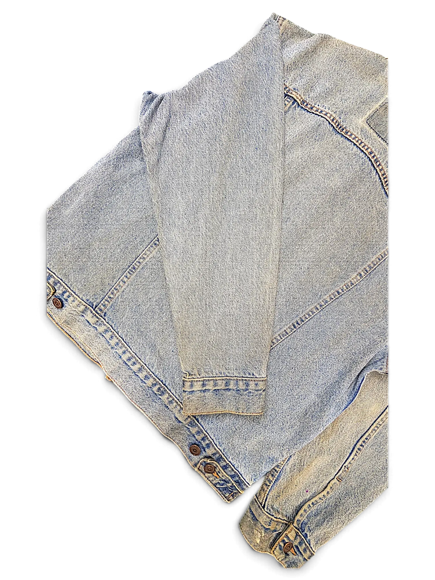 JAKE & IPI Levi's Strauss light wash distressed denim jacket with button cuffs and classic stitching