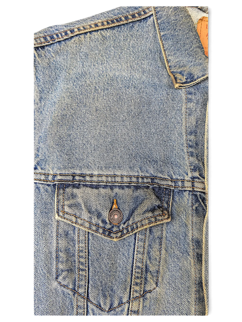 JAKE & IPI Levi's Strauss distressed light blue denim jacket with a buttoned chest pocket and vintage wash