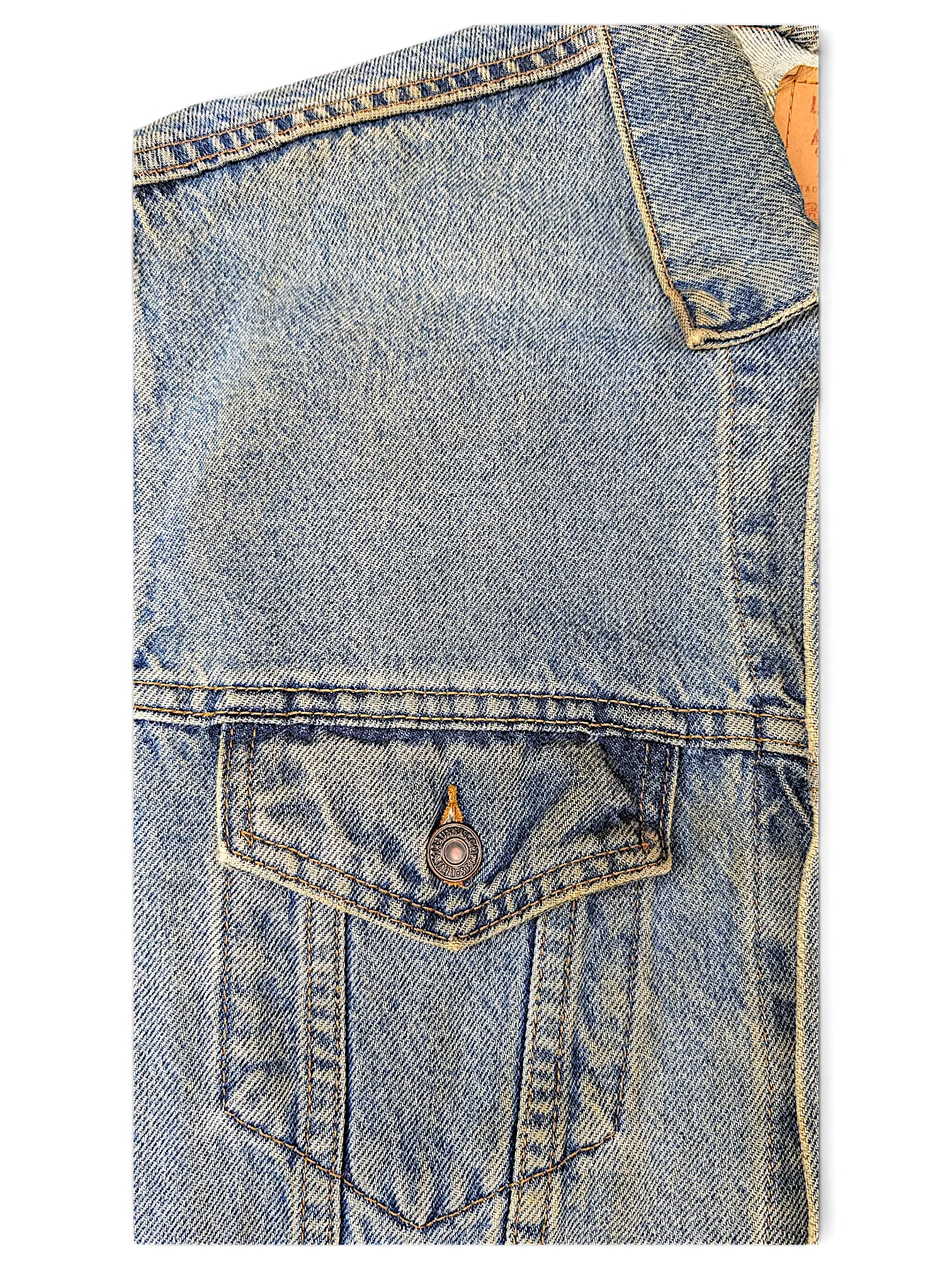 JAKE & IPI Levi's Strauss distressed light blue denim jacket with a buttoned chest pocket and vintage wash