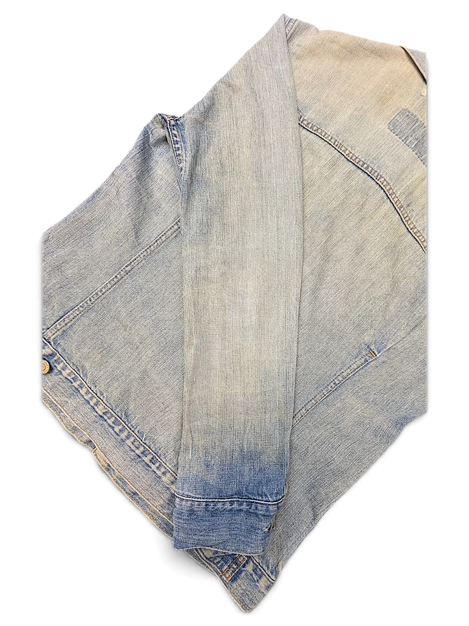 JAKE & IPI Levi's light wash distressed denim jacket with classic stitching and button cuffs