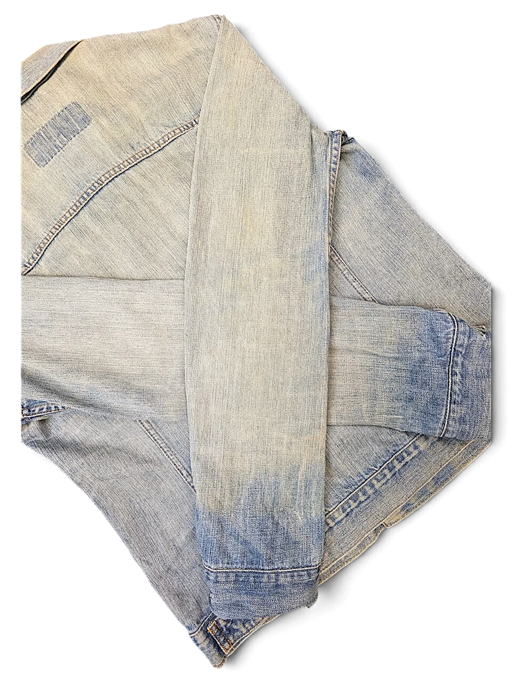 JAKE & IPI Levi's distressed light wash denim jacket with vintage faded texture and classic buttoned cuffs