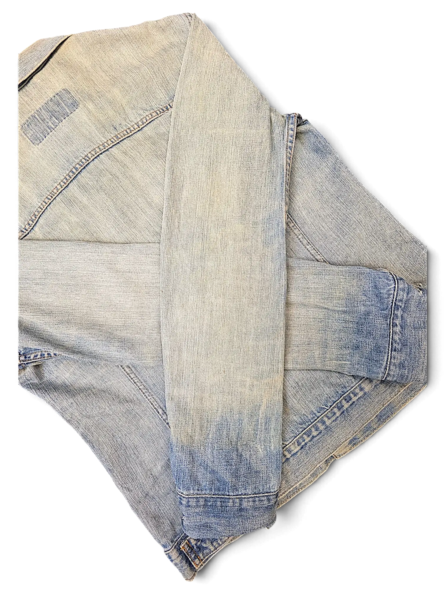 JAKE & IPI Levi's distressed light wash denim jacket with vintage faded texture and classic buttoned cuffs