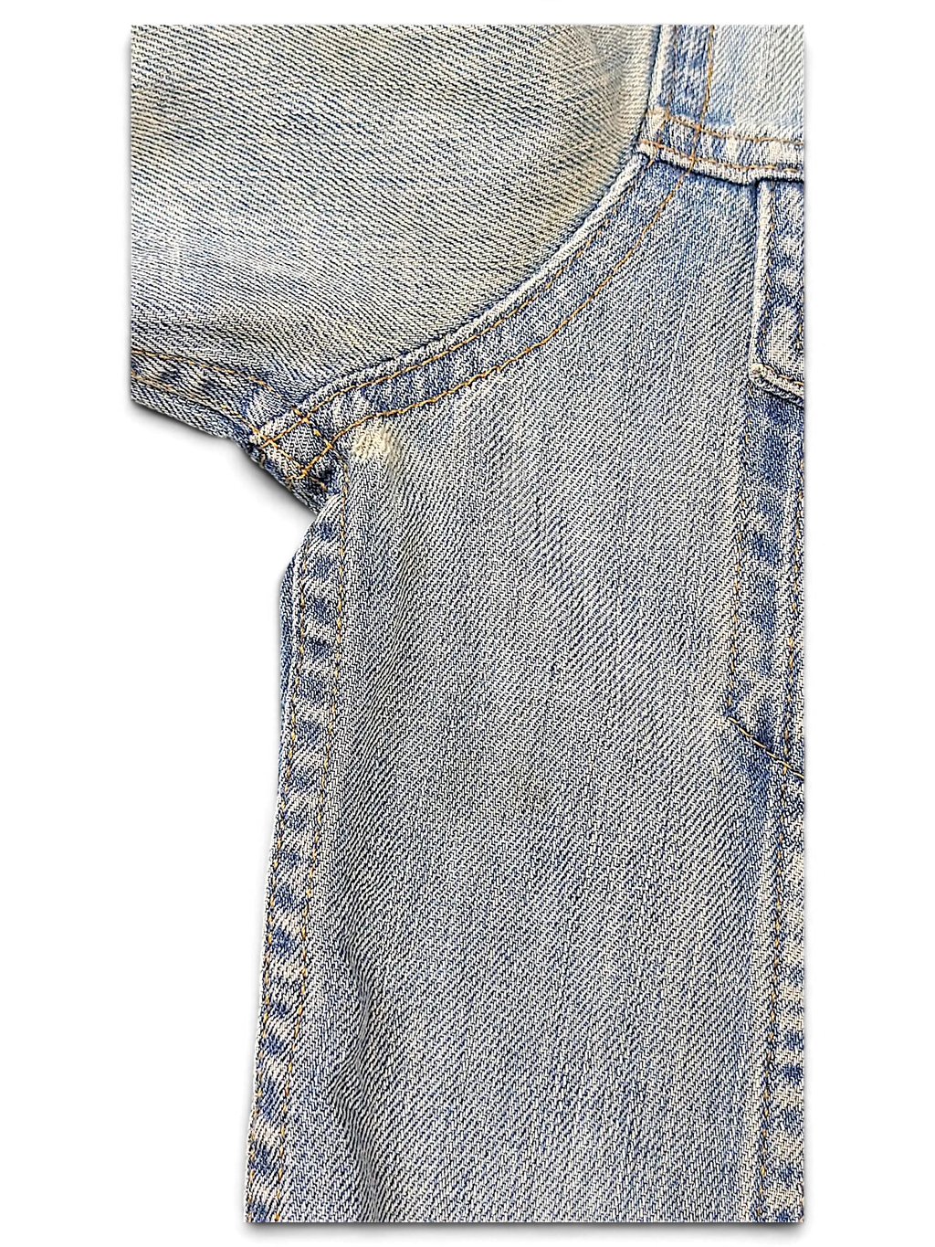 Close-up of JAKE & IPI Levi's distressed light wash denim jacket showing shoulder stitching and fabric texture